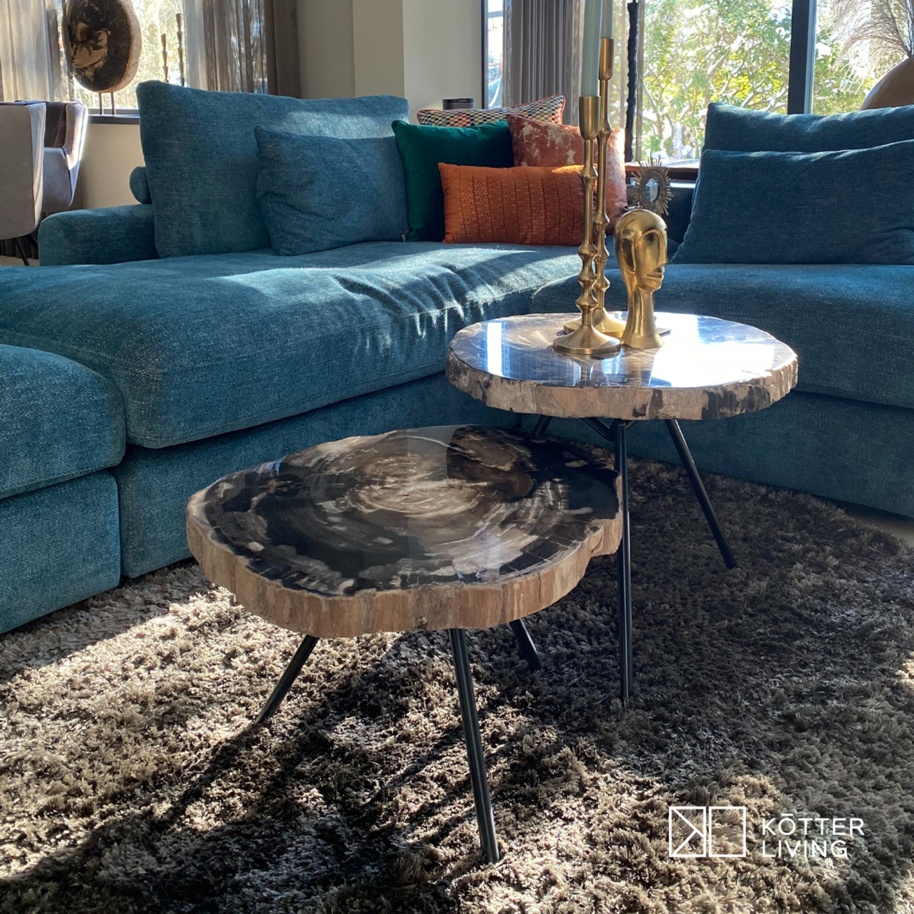 Ciawi coffeetable petrified wood low black leg